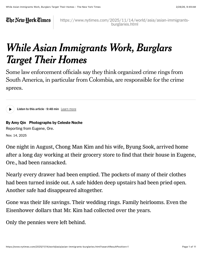 The New York Times: While Asian Immigrants Work, Burglars Target Their Homes