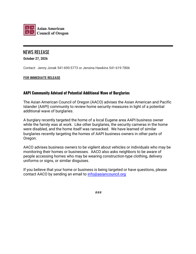 Preview of AACO news release